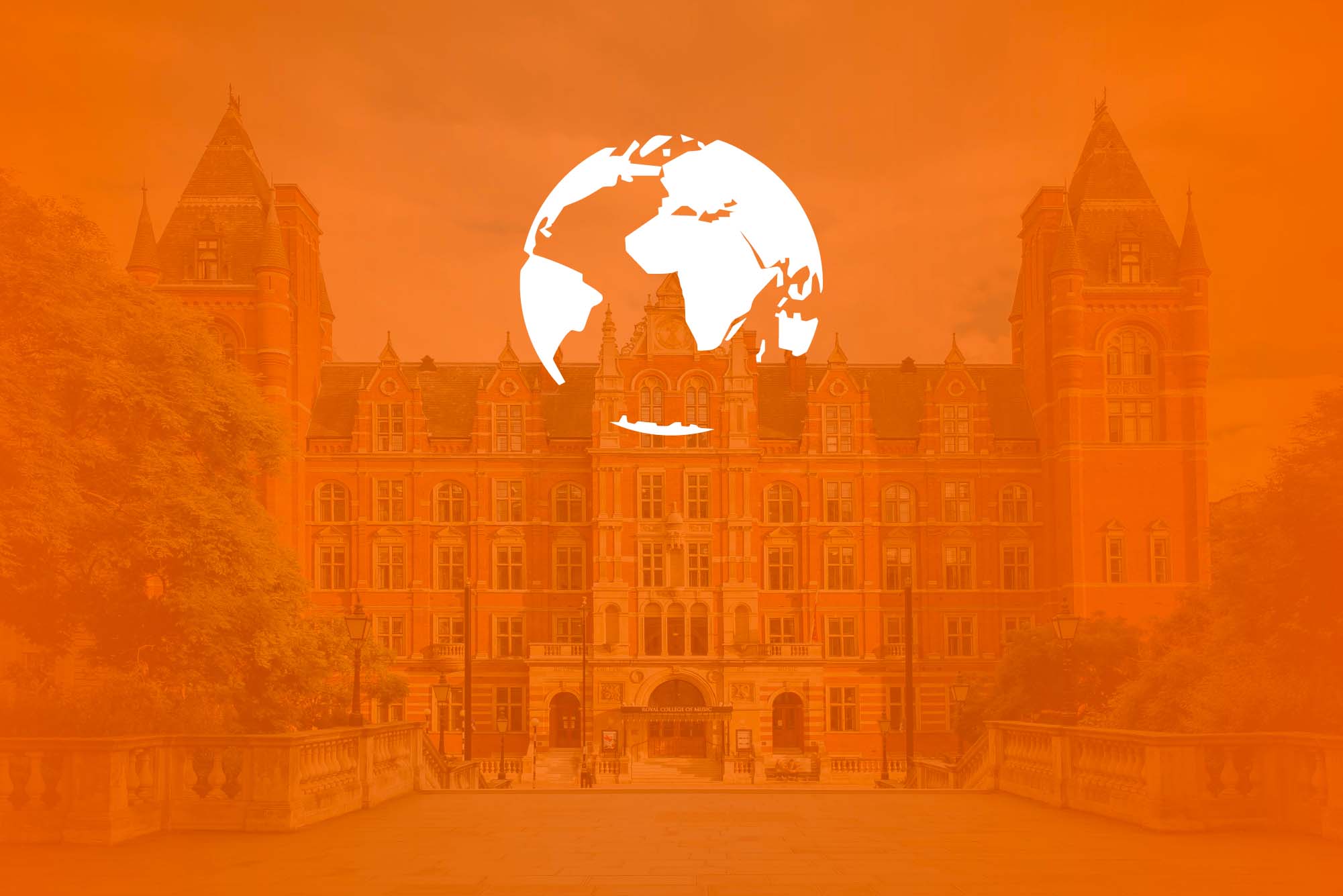 The RCM's Blomfield building with an orange filter over the image, and a graphic of a white globe above the building